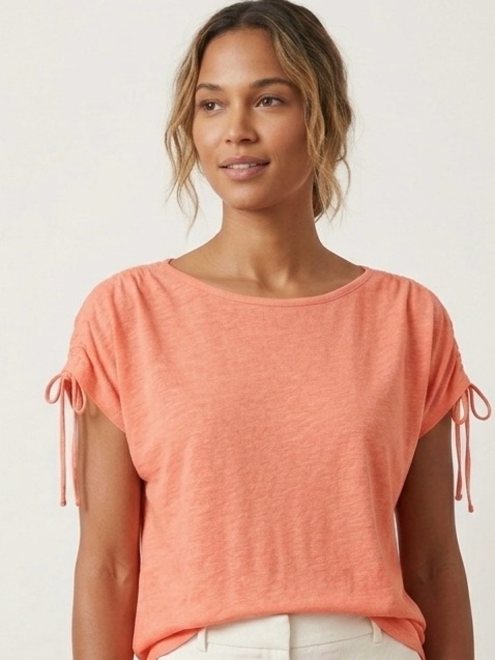 Joie Coral Peach Linen Blend Cinch Drawstring Shoulder Slub Knit Top Blouse S
